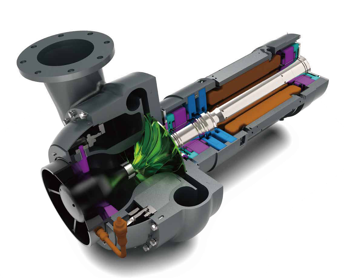 DT blower cutaway showing the magnetic-bearing motor and impeller