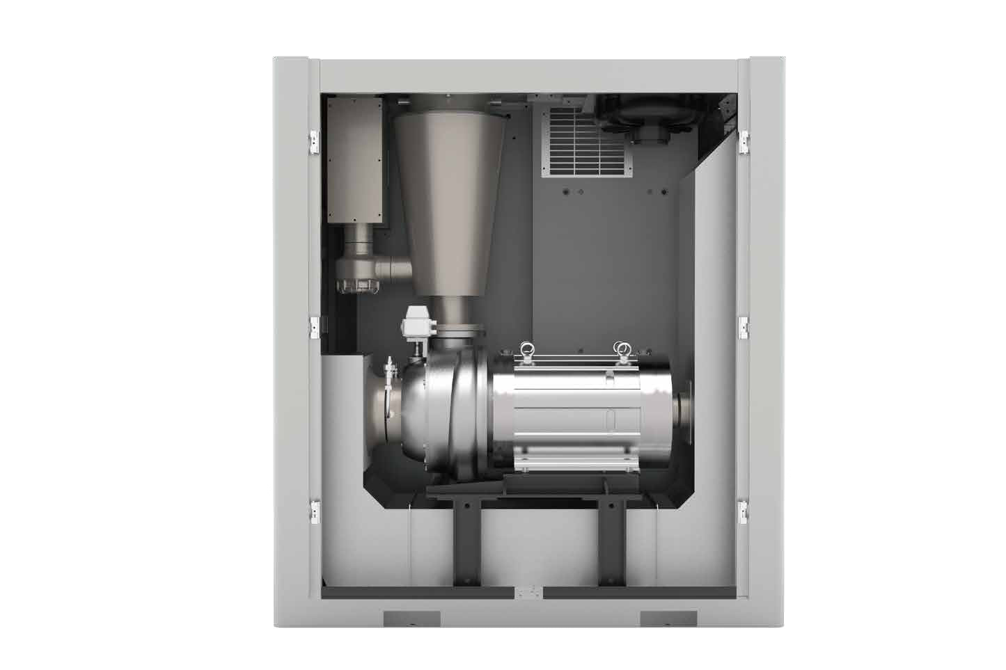 DT enclosure interior with blower, motor, and variable frequency drive